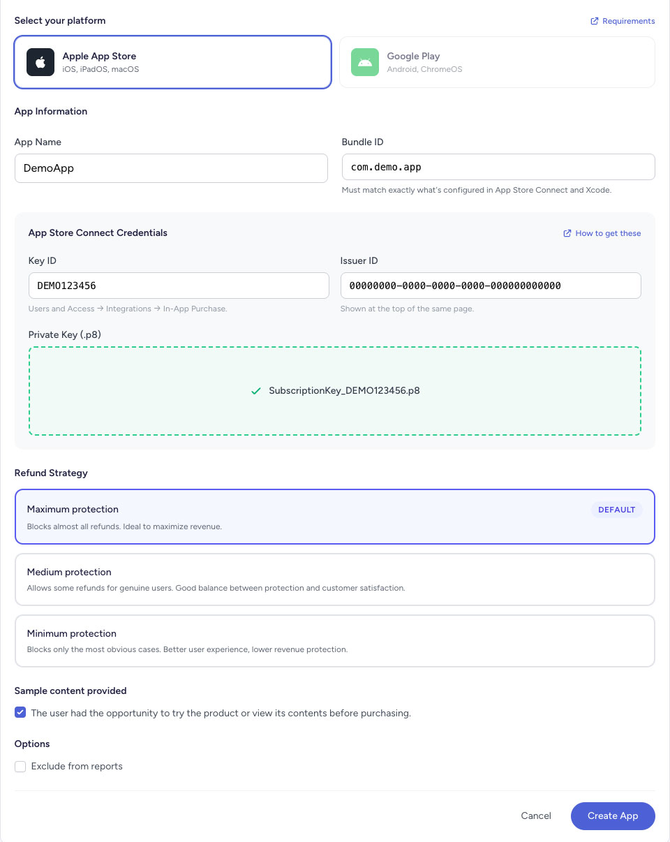 RefundShield, Add New App form fully filled in