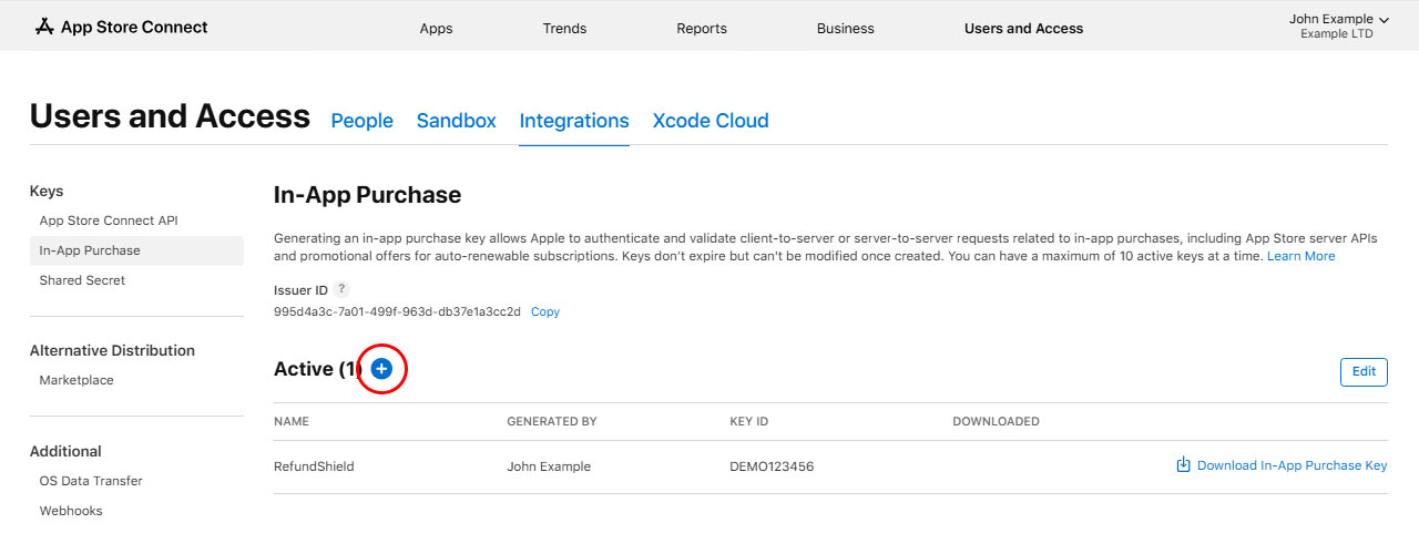 App Store Connect, Integrations › In-App Purchase key generation page