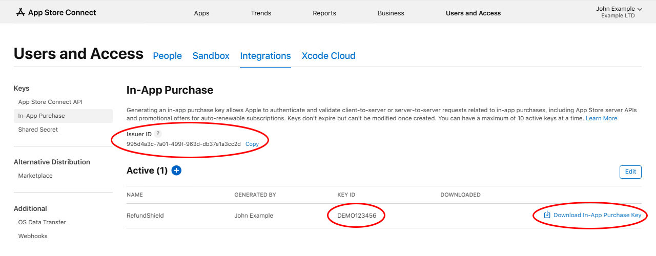 App Store Connect, Integrations › In-App Purchase key generation page 2