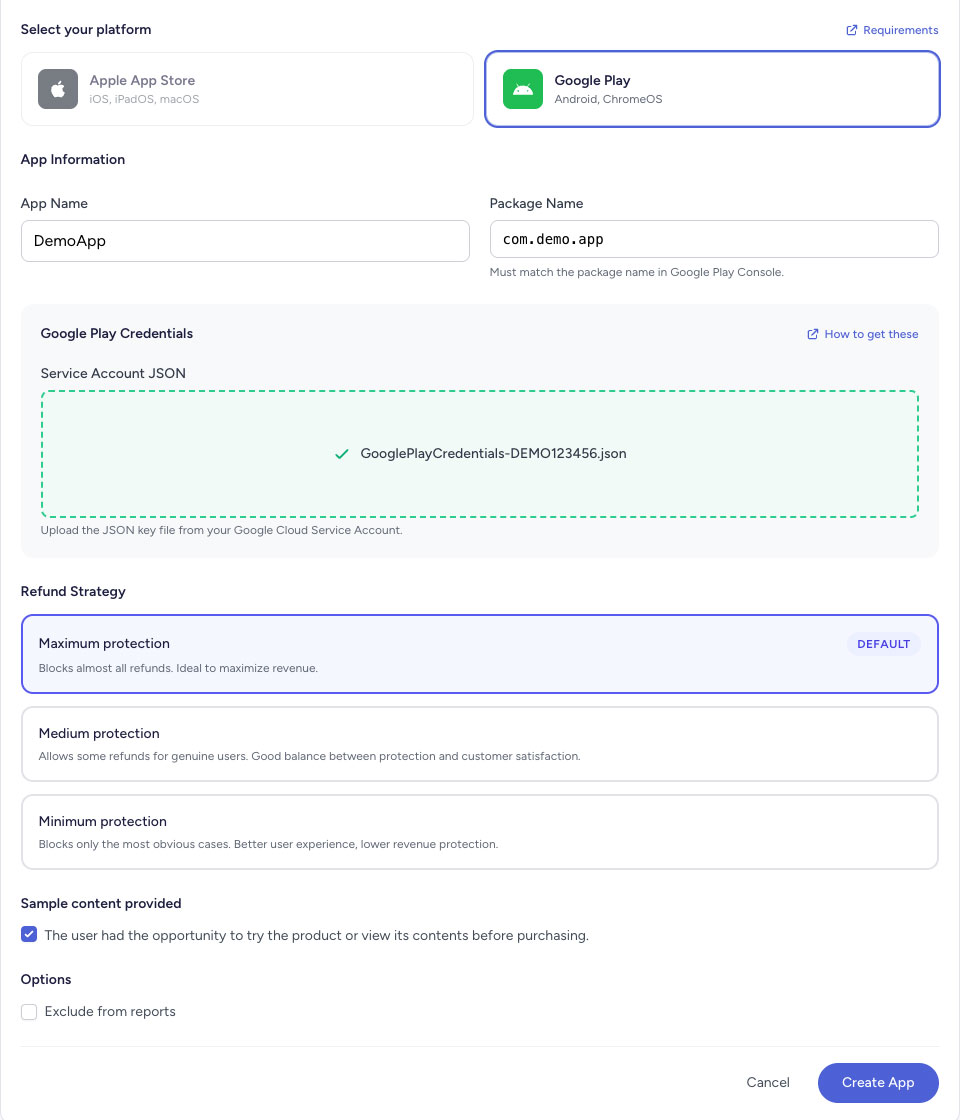 RefundShield, Add New App form for Google Play, with Package Name, Service Account JSON, and Protection Preset filled in