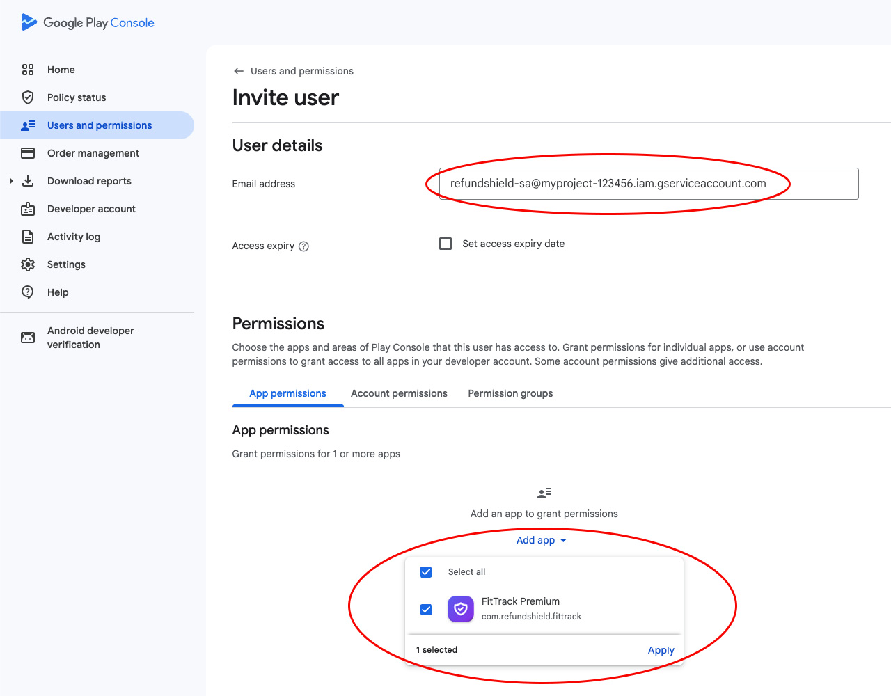 Google Play Console, Users & Permissions → Invite new user