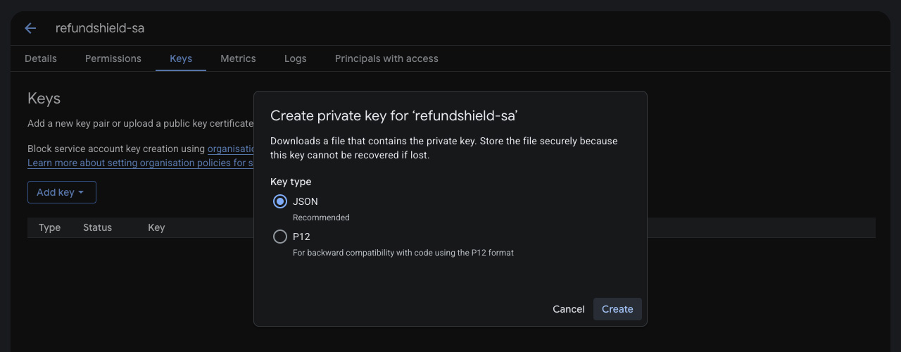 Google Cloud Console, Add Key → Create New Key dialog with JSON selected