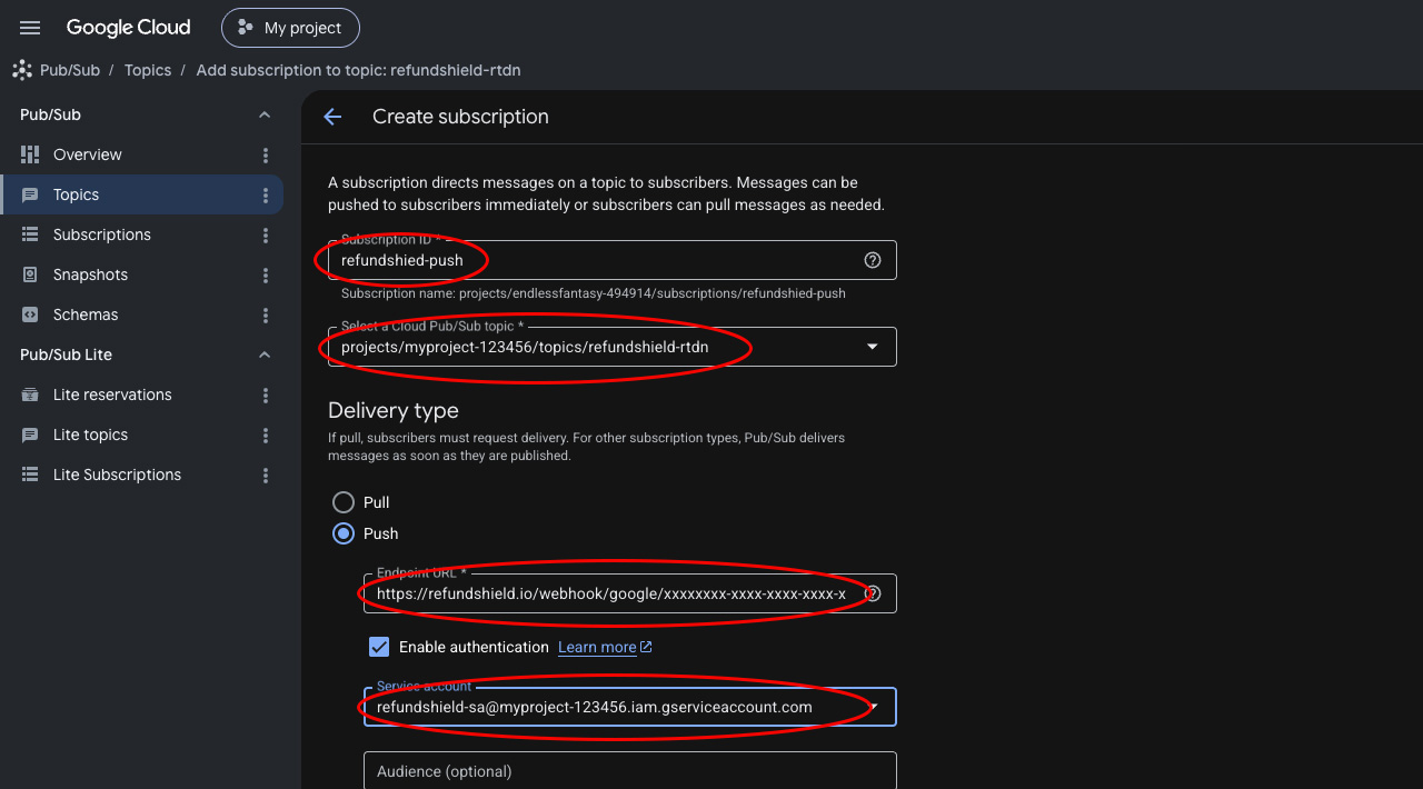 Google Cloud Console, Create Subscription with Push delivery type and endpoint URL