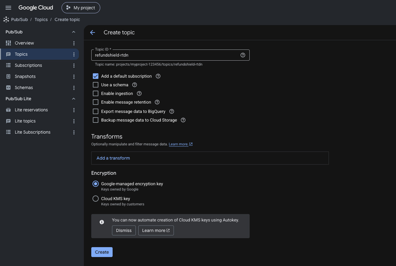 Google Cloud Console, Pub/Sub → Create Topic dialog