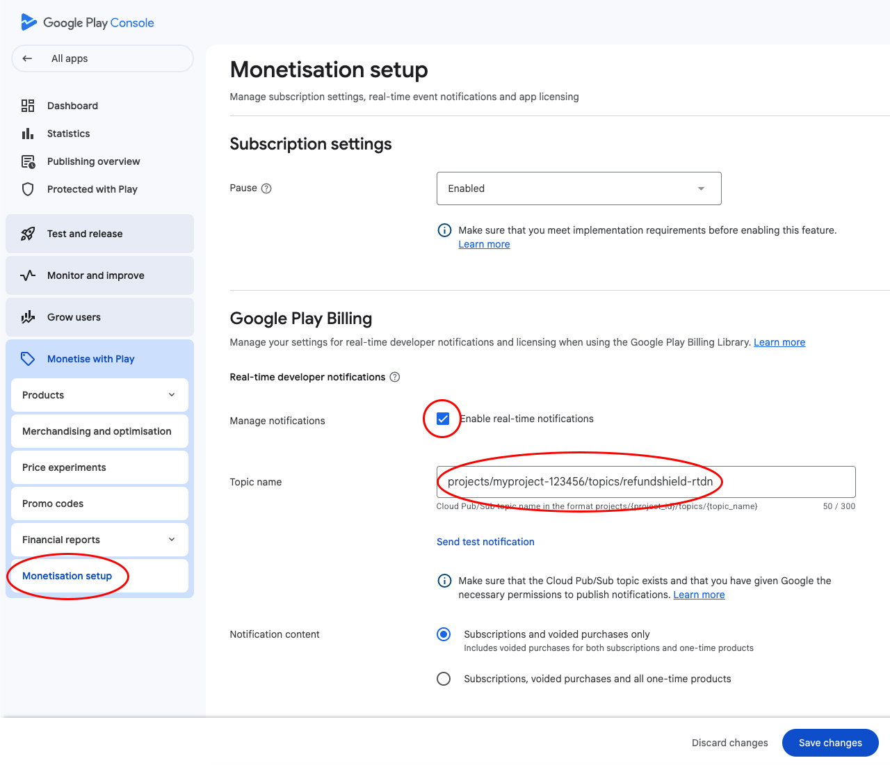 Google Play Console, Monetization → Billing settings with RTDN enabled and Pub/Sub topic selected