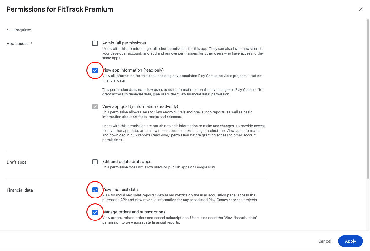 Google Play Console, Users & Permissions → Select app-level permissions selected