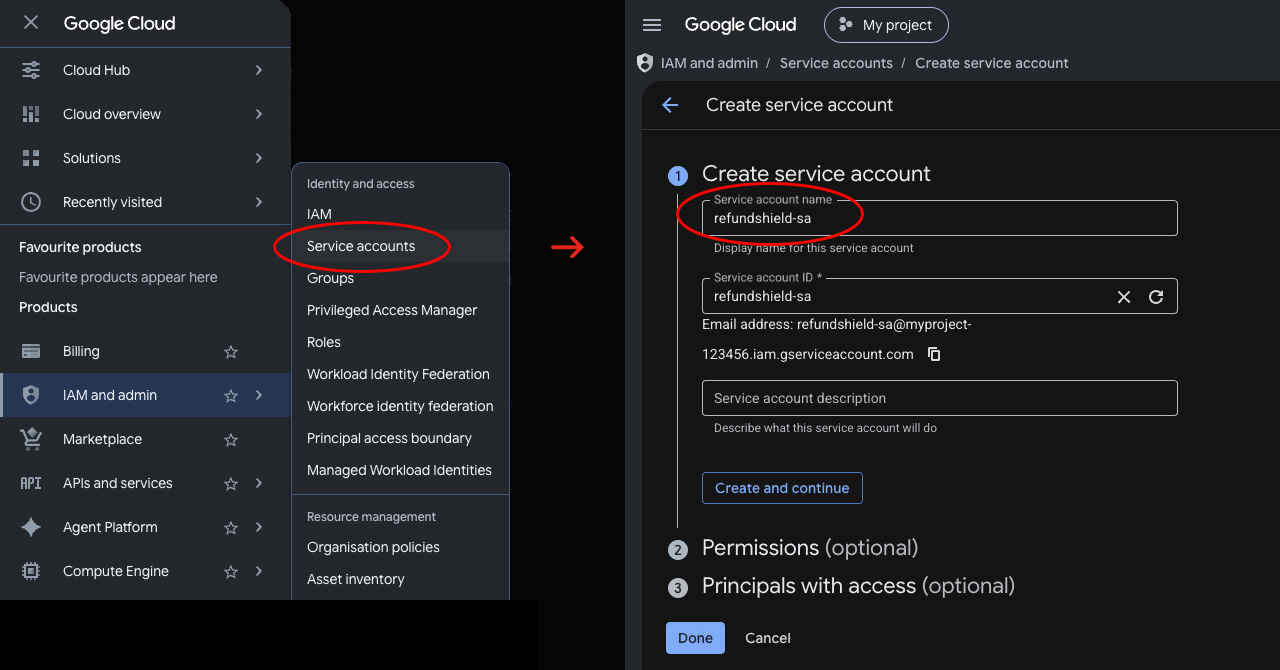 Google Cloud Console, Create Service Account dialog