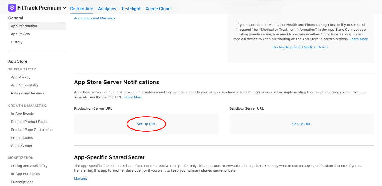 App Store Connect, App Information › App Store Server Notifications, with webhook URL and Version 2 selected