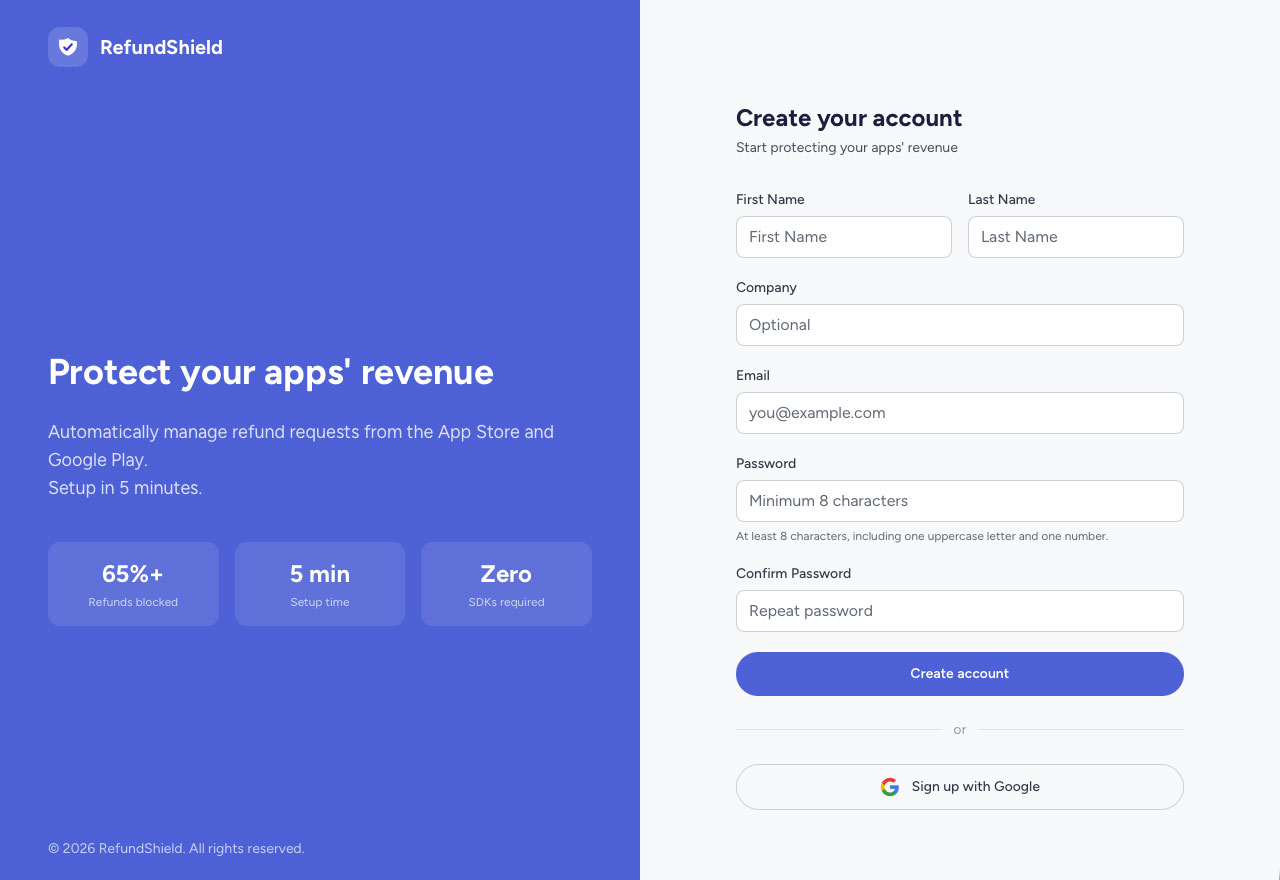 RefundShield, registration page